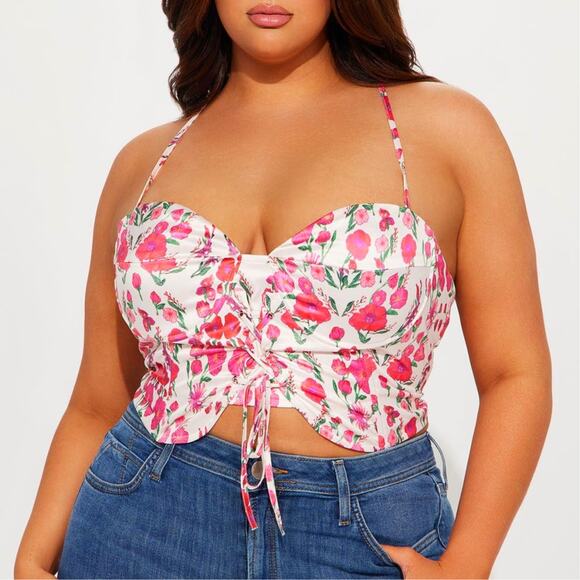 New XL Fashion Nova Pink White Floral Silky Corset Lace Up Bustier Top Crop Tank - Picture 3 of 5